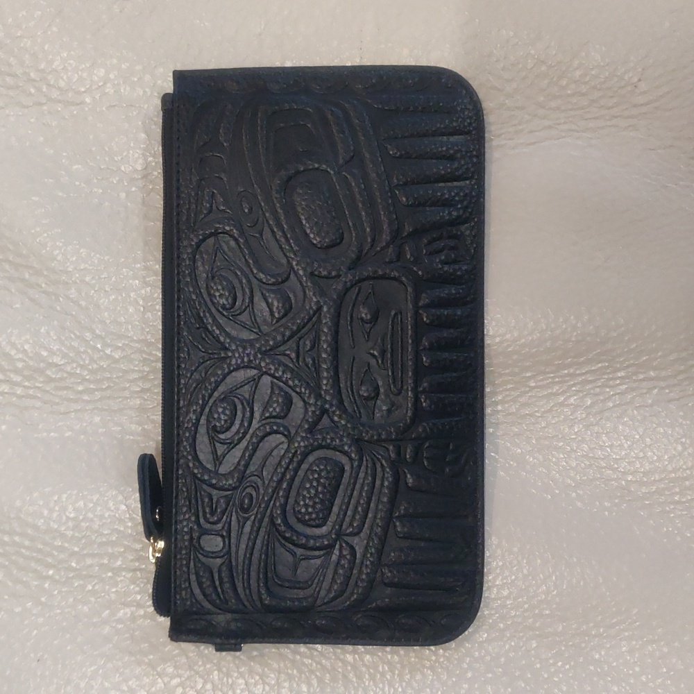 Leather Clutch Purse with Indigenous Art 'Raven Split' by Francis Horne Sr.